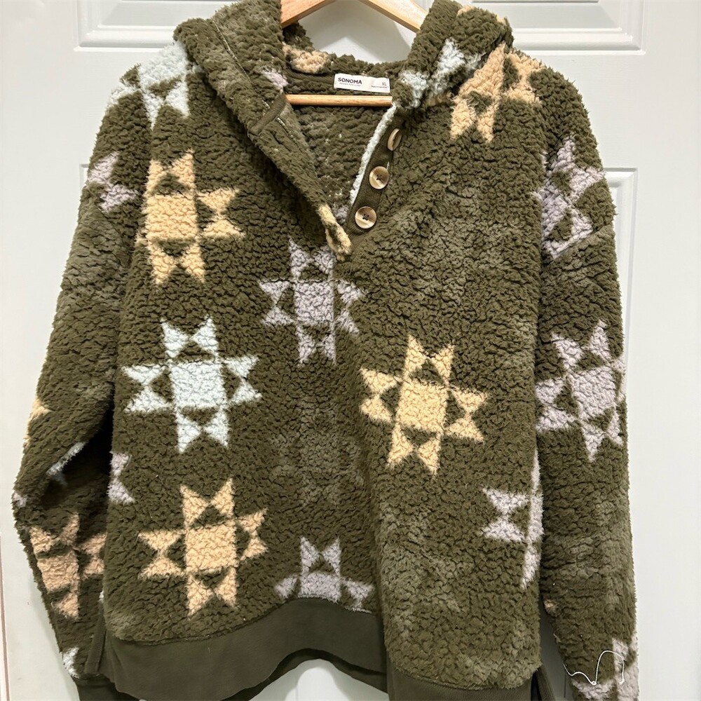Sonoma Goods For Life Hoodie Womens XL Olive Green Sherpa Henley Geometric